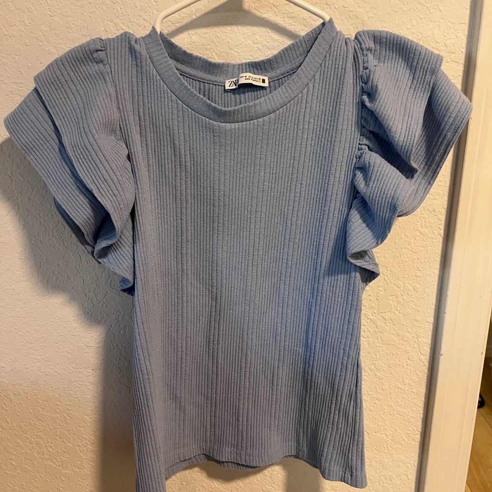 Zara Light Blue Ruffle Sleeve Blouse